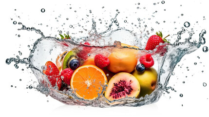 A splash of fruit is being poured into a water splash.
