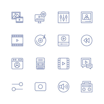 Multimedia line icon set on transparent background with editable stroke. Containing video, cd player, tape recorder, rec button, movie player, profile, settings, play, volume, picture, blogger.