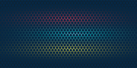 Abstract dark hexagon pattern on red blue and yellow neon background technology style.