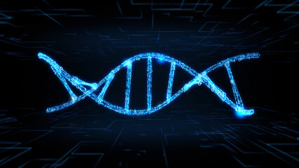 Futuristic digital abstract hologram of a DNA helix strand with flashing data nodes and binary code