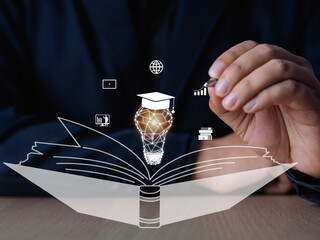 Glowing light bulb and book or text book with futuristic icon. Self learning or education knowledge...