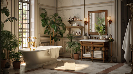 a white bathroom with a tub and potted plants