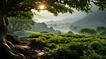 beautiful landscape with a tree and a tea plantation