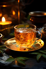 cup of tea with lemon and leaves on a black table