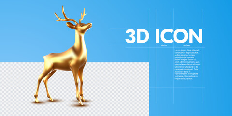 Elegant Golden Deer Illustration with Reflective Surface on a Partial Blue Background. Deer Golden volumetric 3D design. Vector illustration