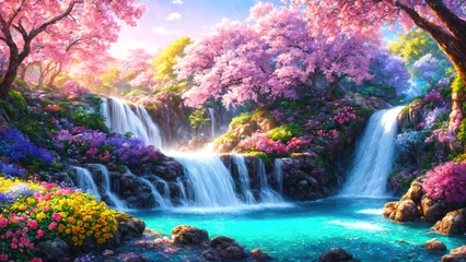 Foto op Canvas A beautiful paradise land full of flowers, rivers and waterfalls, a blooming and magical idyllic Eden garden. © Cobalt