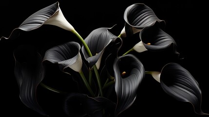 A dignified display of dark calla lilies against a black matte background. Condolences, funeral announcement, farewell.  - obrazy, fototapety, plakaty