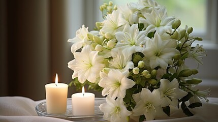 A respectful composition where soft candlelight illuminates a spray of white blooms. Condolences, funeral announcement, farewell.  - obrazy, fototapety, plakaty