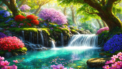 Paradise landscape with beautiful  gardens, waterfalls and flowers, magical idyllic heavenly view with beautiful fantastic flowers in Eden. - obrazy, fototapety, plakaty