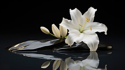 A serene composition where a single white lily rests on a polished obsidian surface. Condolences, funeral announcement, farewell. 