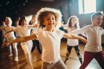 A group of active children in white tops and sport pants are stretching before playing sports in P.E. class. Generative AI. - obrazy, fototapety, plakaty
