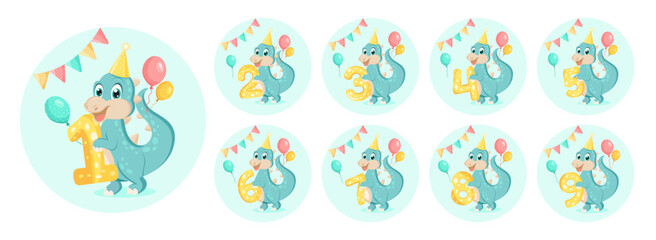 set of Cute baby dinosaur with numbers. Birthday invitation. 1 year, 1 month. Happy birthday card.  © Олия Низамутдинова