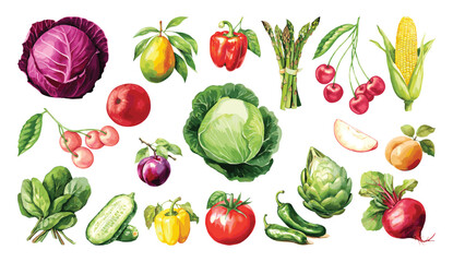 Watercolor painted collection of vegetables and fruits. Hand drawn fresh food design elements isolated on white background. - obrazy, fototapety, plakaty