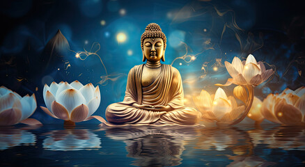 glowing Lotus flowers and gold buddha statue - obrazy, fototapety, plakaty