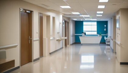 Hospital reception clinic in a hallway with an unfocused background