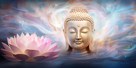 glowing Lotus flowers and gold buddha statue - obrazy, fototapety, plakaty