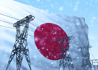 power lines against background flag of Japan at winter
