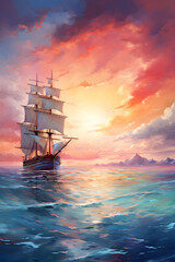 Obraz premium beautiful sunset over ocean with sailboat and sea landscape