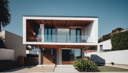 Obraz premium Angular roof and balcony in contemporary two-story house