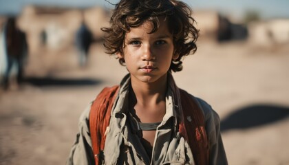 Portrait of a young child in a desert war scene with torn and disheveled clothing