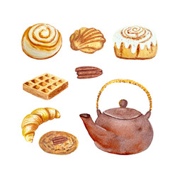 Watercolor teapot and desserts isolated on white
