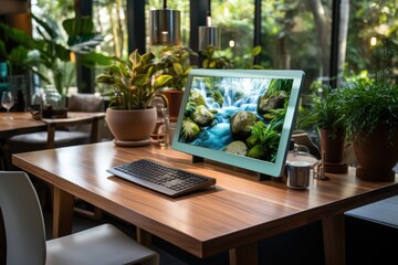 A image of Modern computer with blank screen and coffee cup on wooden table in office Generative AI - obrazy, fototapety, plakaty