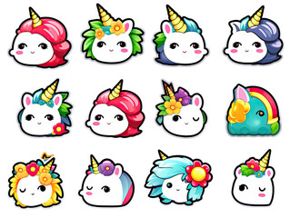 Set of fun kawaii unicorn stickers for decoration of all kinds on a transparent background.