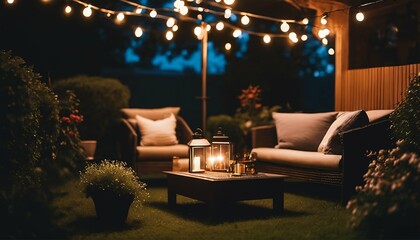 Garden lights illuminating the patio of a beautiful suburban house on a summer evening - obrazy, fototapety, plakaty