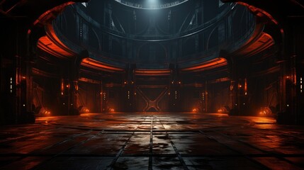 A photo of 3D rendering of futuristic sci fi room scifi background with glowing lights Generative AI