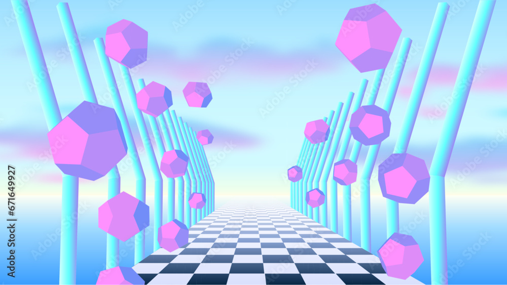 Poster vaporwave corridor of pillars with flying 3d donut shapes and sun in 90s style. abstract surreal ret