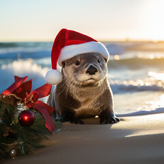 Otters celebrating Christmas, in various locations, dressed with Christimas costume.