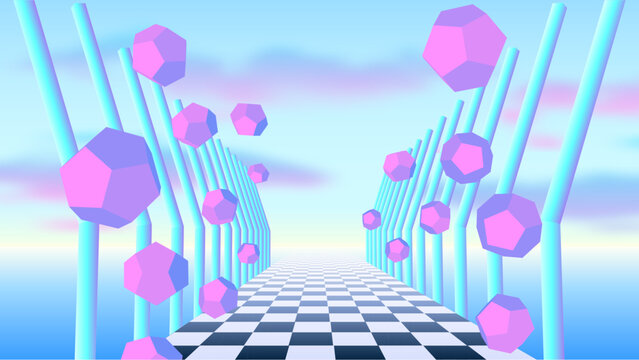 Vaporwave corridor of pillars with flying 3D donut shapes and sun in 90s style. Abstract surreal retro background for party poster or music cover.