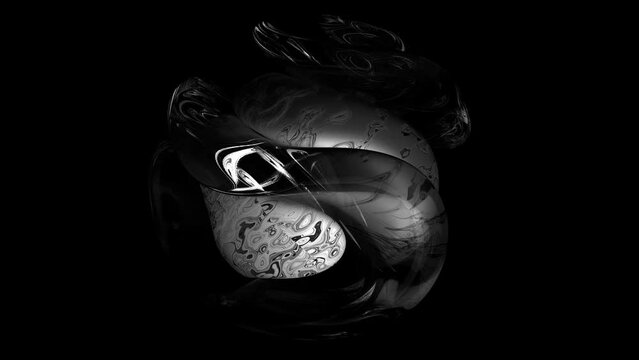 3d render video animation of black and white monochrome abstract art surreal sphere or ball sculpture in curve spiral lines forms in glass material with liquid aluminium metal core on black  