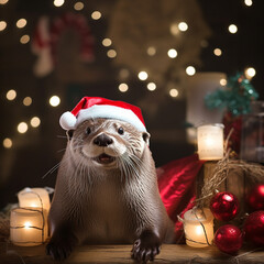Otters celebrating Christmas, in various locations, dressed with Christimas costume.