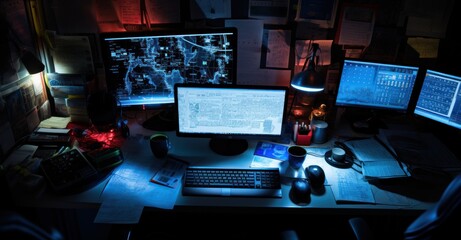 hacker's dimly lit workspace, multiple monitors glowing with various hacking tools and scripts