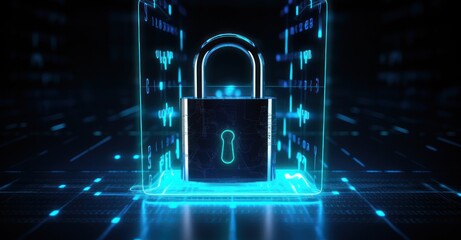 padlock hologram emanating bright neon blue light, casting shadows over a futuristic control panel