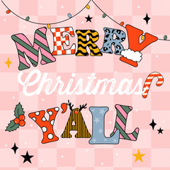Christmas greeting card. Christmas vibes. Card in trendy retro cartoon style. Template postcard christmas groovy poster. 	