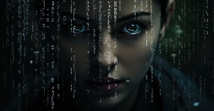 digital face shielded in shadows, only the eyes lit by the reflection of a code-filled screen