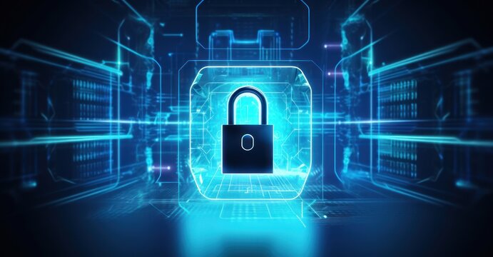 padlock hologram emanating bright neon blue light, casting shadows over a futuristic control panel