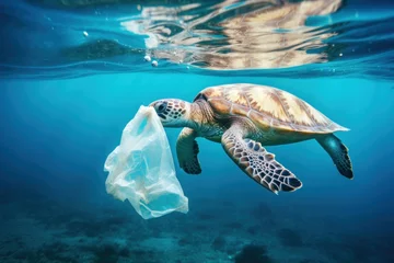 Rolgordijnen Sea turtle trying to eat plastic bag in the ocean © blvdone