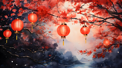 Fototapeta na wymiar beautiful autumn landscape with lanterns and red leaves