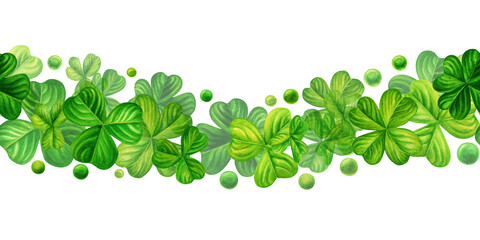 Watercolor green shamrock seamless banner for background design illustrations of spring, St Patrick, green grass, summer greenery