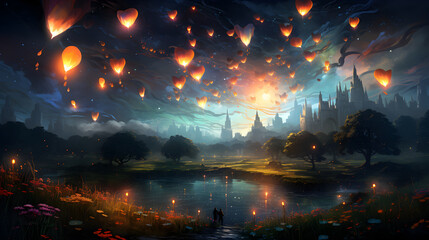 magic night with lanterns in the night sky