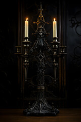 candlestick with burning candles on dark background
