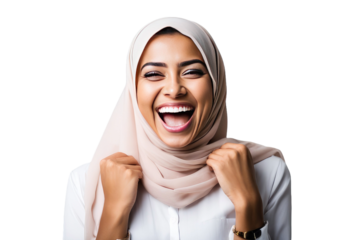 a quality stock photograph of a happy young islam woman laughs and screams with joy isolated on white or transparant background