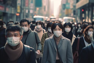 Crowd of Asian people wearing masks walking street