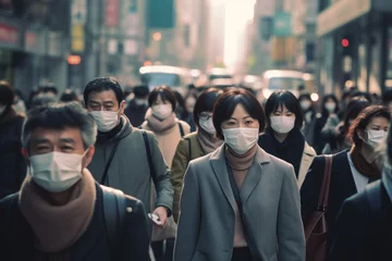 Fotobehang Crowd of Asian people wearing masks walking street © blvdone