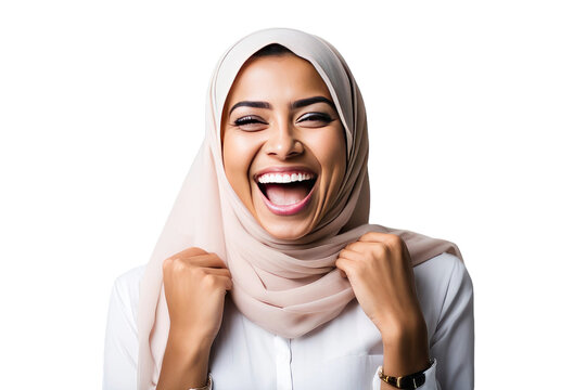 a quality stock photograph of a happy young islam woman laughs and screams with joy isolated on white or transparant background