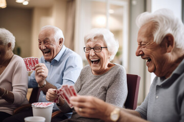 Joyful group of seniors playing cards and sharing laughter in a retirement nursing home