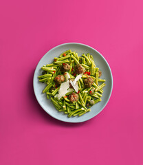 Pesto Casarecce with Beef Meatballs, Chili pepper and Pine Nuts